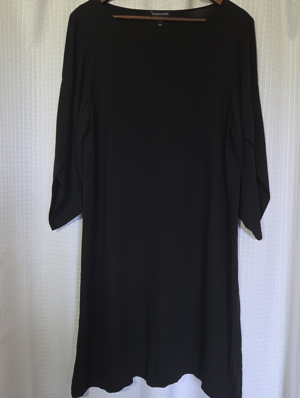 Eileen Fisher Black Silk Georgette Crepe Tulip Sleeve Shift Dress Size M